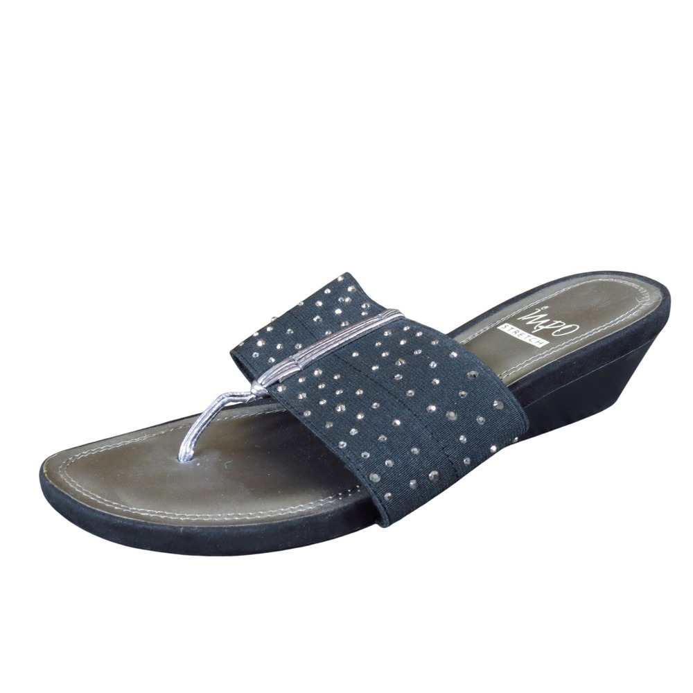 Impo Gamer Women Wedge Thong Sandal Sz 7M Casual Dressy Black Rhinestone Stretch